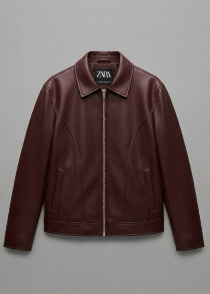 Men’s Premium Burgundy Synthetic Leather Jacket with Panel Stitching