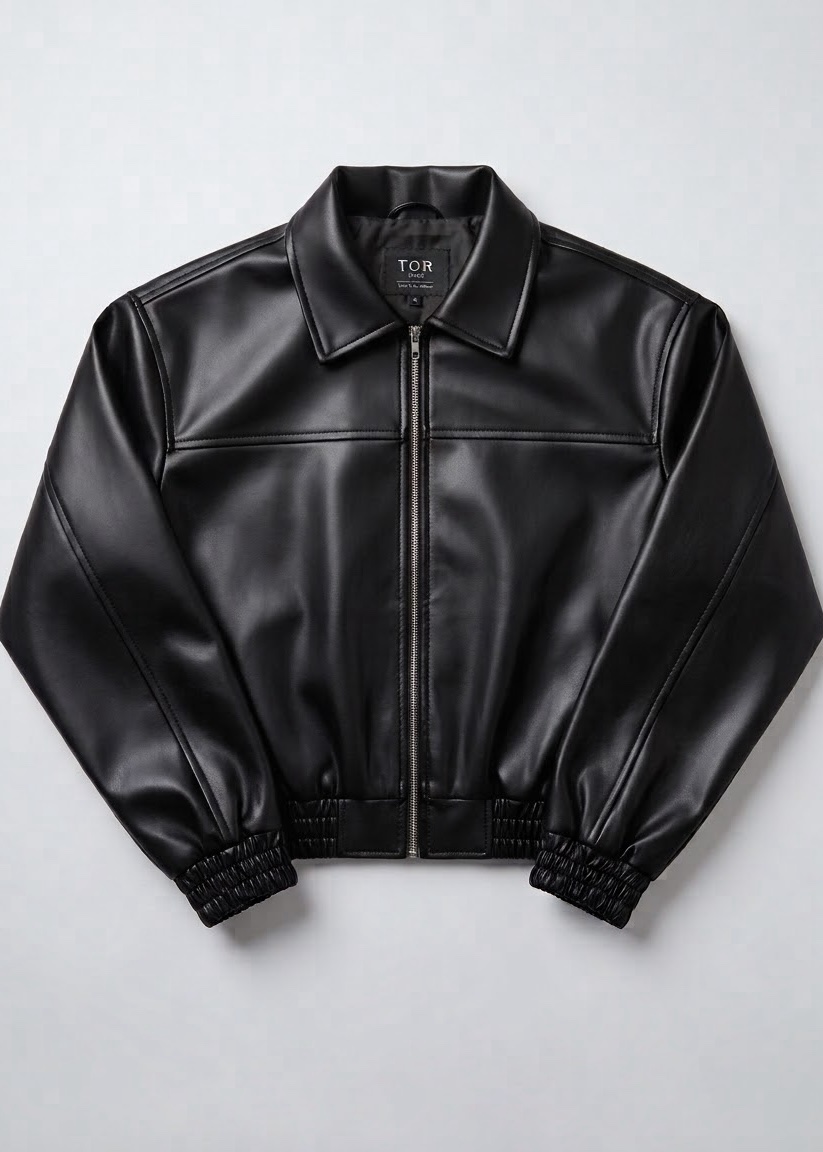 img_8852 Men's Black Cropped Synthetic Leather Jacket - Image 1
